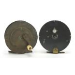 Two fly fishing reels comprising a Victorian 4.5inch brass example with ivory handle and The