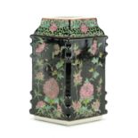 Chinese porcelain diamond shaped vase, hand painted in the famille noire palette with flowers, six