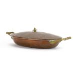 Benson copper and brass lidded tureen with twin handles, stamped Benson to the base, 37cm wide : For