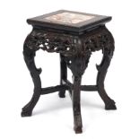 Chinese rosewood plant stand with inset marble top, carved with flowers, 47cm H x 28cm W x 28cm :