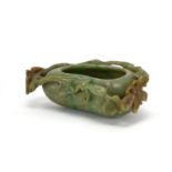 Chinese green and russet jade naturalistic brush washer, carved with a bat and butterfly, 14cm