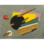 Abstract composition, geometric shapes, Russian school oil and collage on canvas, bearing a