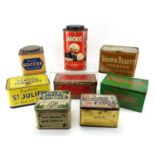 Eight vintage advertising tins including Ansie's Brown Beauty, Nosegay, Ogdens, Hack's and Will's