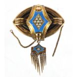 Victorian unmarked gold blue enamel and seed pearl mourning brooch, 4.5cm wide, approximate weight