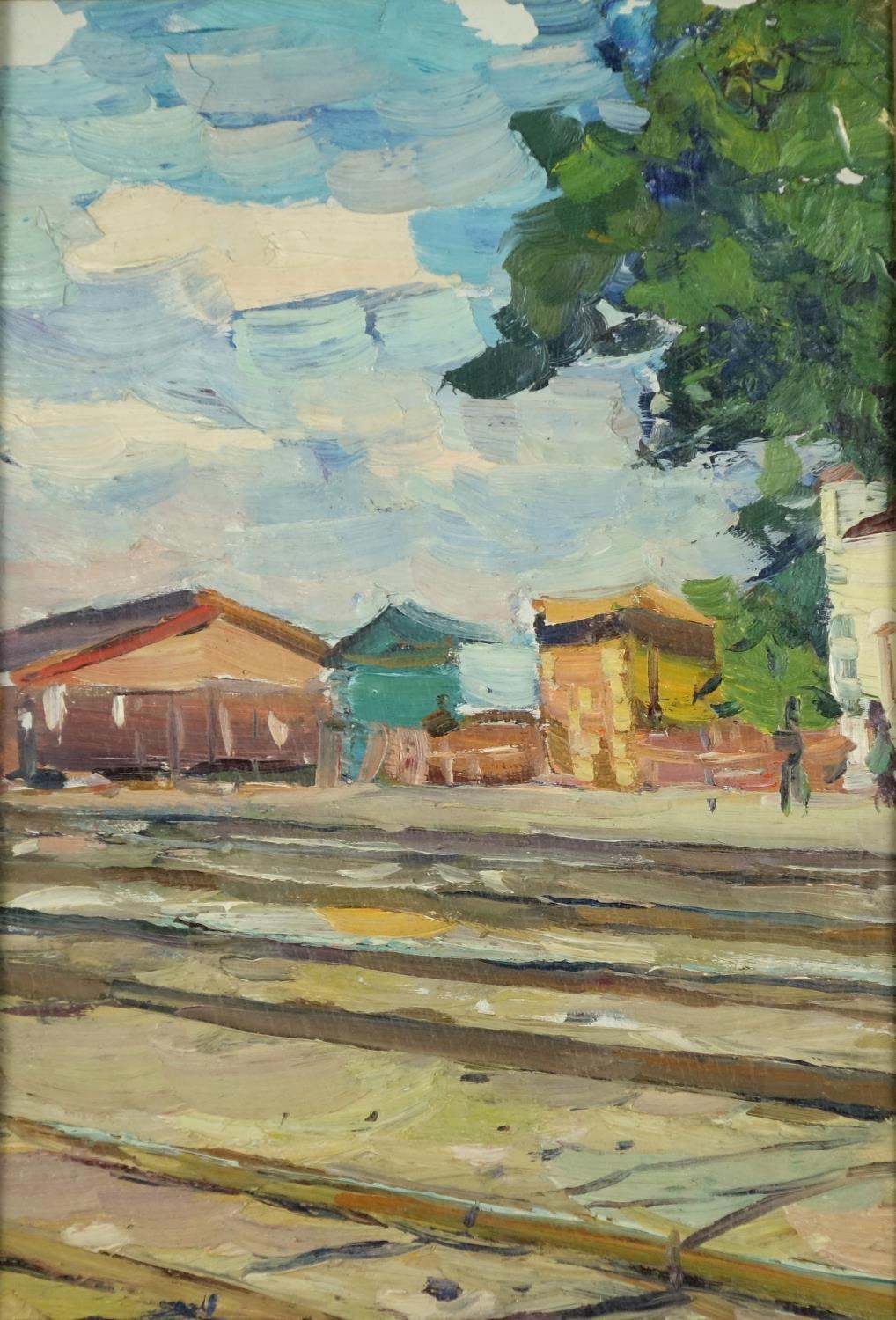 Railway line before buildings, Russian school oil, inscribed verso, mounted and framed, 40cm x 27.