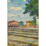 Railway line before buildings, Russian school oil, inscribed verso, mounted and framed, 40cm x 27.
