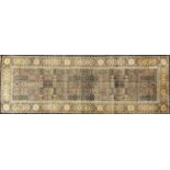 Rectangular Persian silk carpet runner having an all over panelled design, 300cm x 93cm : For