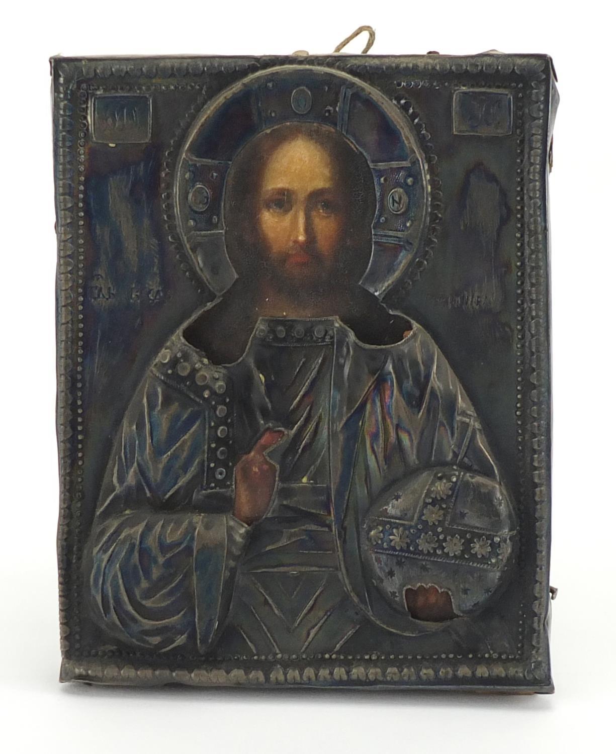 19th century Russian icon with silver overlay, finely hand painted with a priest, impressed marks IB