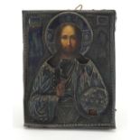 19th century Russian icon with silver overlay, finely hand painted with a priest, impressed marks IB