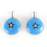 Pair of Victorian blue enamel and seed pearl earrings, each stamped 875, 2cm in diameter,