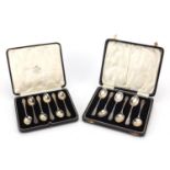 Two sets of six silver teaspoons, Birmingham and London hallmarks, both housed in velvet and silk