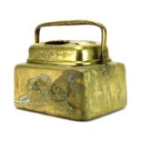 Japanese bronze carrier with swing handle, cast with birds and insects amongst flowers, character