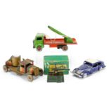 Three vintage tin plate vehicles and an Astra fort gun with box, the vehicles including an army