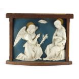 19th century Hand painted plaster plaque - The Annunciation, housed in an oak frame, inscribed