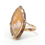 Victorian unmarked gold cameo ring carved with a view of a building behind trees, size O,