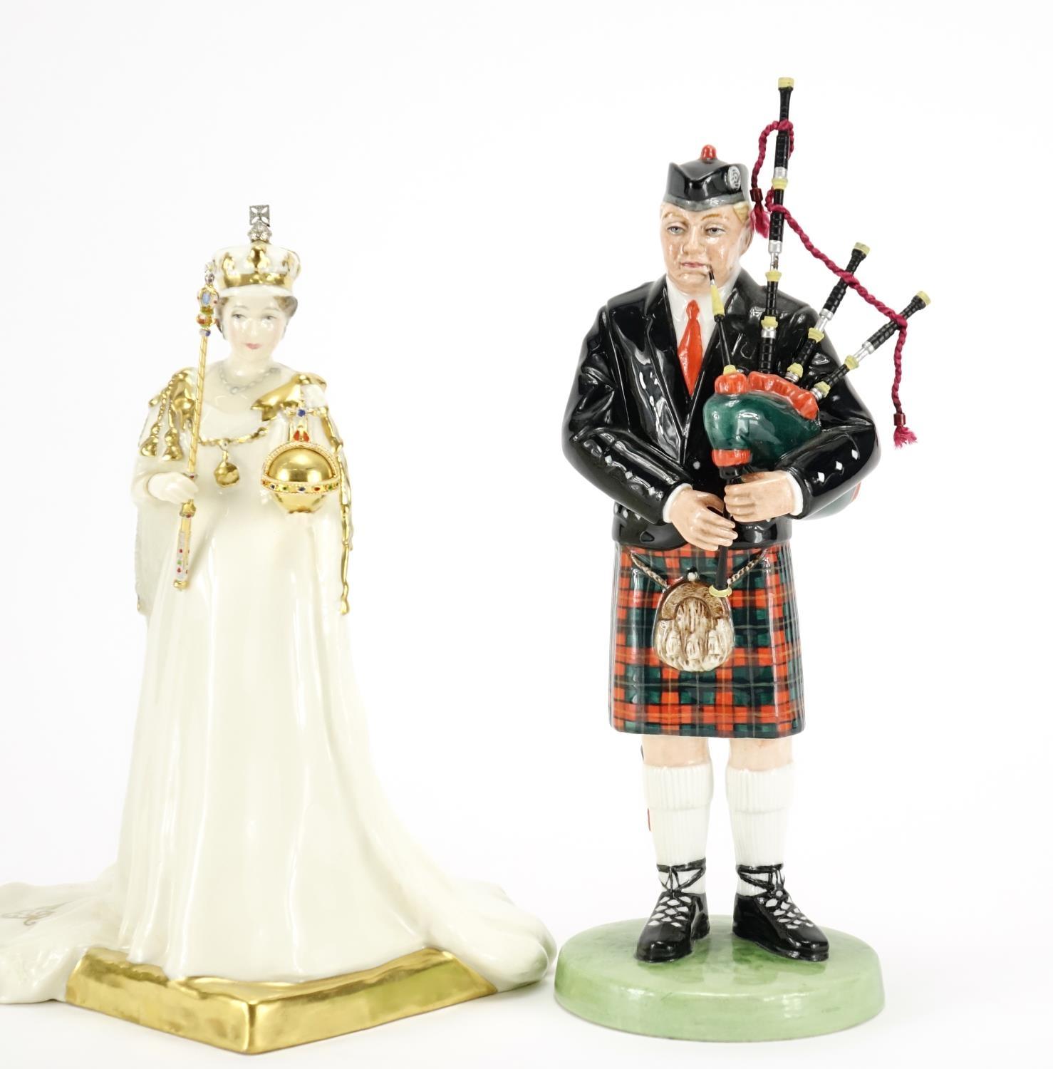 Three Royal Doulton figures, The Piper HN3444, The Lair HN2361 and Her Majesty Queen Elizabeth II - Image 3 of 6