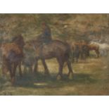 Horse fair, early 20th century watercolour, bearing a monogram AJM, mounted and framed, 30cm x 23.