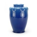 Pilkingtons Royal Lancastrian blue glazed pottery vase, factory marks to the base, 27cm high : For