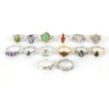 Fourteen dress rings set with semi precious stones, each stamped 925, various sizes, approximate