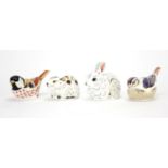 Four Royal Crown Derby paperweights with gold coloured stoppers including coal tit and bank vole,