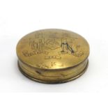 Antique circular brass tobacco box, the lift off lid engraved Liverpool Deus Nobis Hec Otis Fecit,
