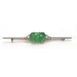 Chinese 18ct white gold and platinum green jade and diamond bar brooch, 6cm in length, approximate
