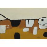 Abstract composition still life, gouache on card, bearing a signature W Scott, mounted and framed,