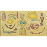 Abstract composition, surreal figures and items, oil on canvas, bearing a signature Campigli,