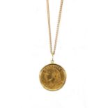 1909 twenty franc gold coin with 18ct gold pendant mount on a 9ct gold necklace, approximate