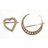 15ct gold seed pearl moon crest brooch and an unmarked gold love heart seed pearl brooch, the