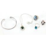 Silver jewellery some set with semi precious stones including rings, love heart pendant and a