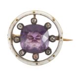 Unmarked gold amethyst, diamond and white enamel brooch, 1.6cm in diameter, approximate weight 4.