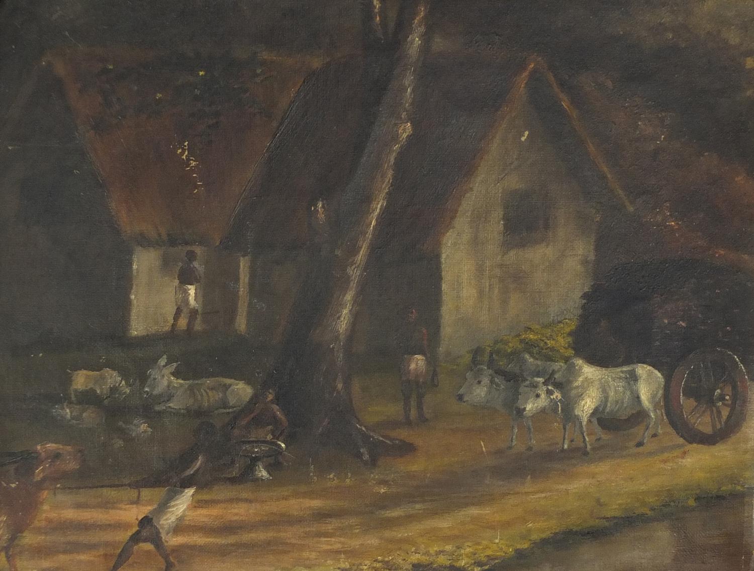 Village scene with figures and cattle, 19th century Indian school oil on canvas laid on board,