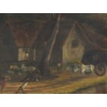Village scene with figures and cattle, 19th century Indian school oil on canvas laid on board,