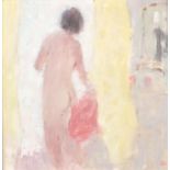 Stephen Brown RBA - Nude yellow curtain, oil on board, label verso, mounted and framed, 16.5cm x