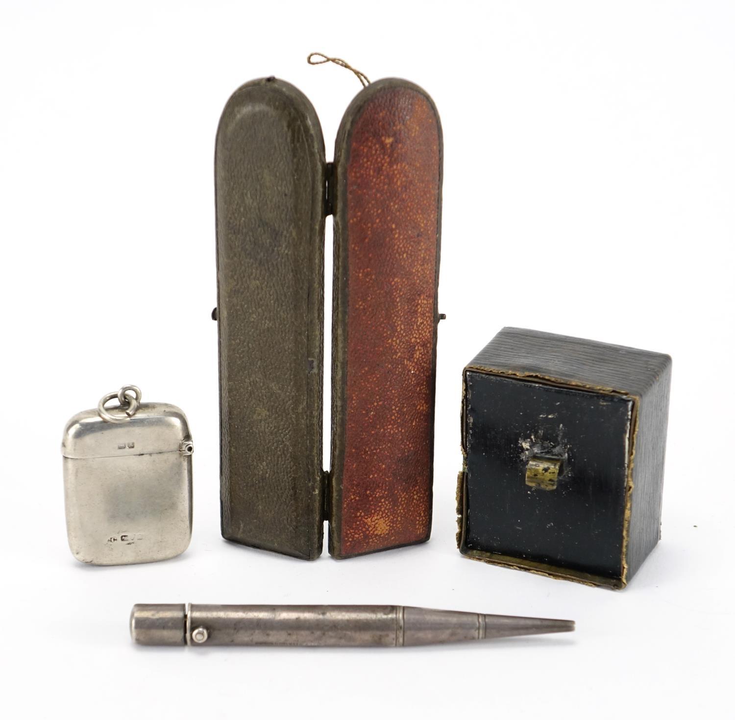 Miscellaneous objects comprising a silver vesta, Parker's pointer pencil, leather cased travel clock - Image 7 of 8