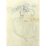 Female in a dress, impressionist pen on paper, bearing a monogram FL, unframed, 28.5cm x 20.5cm :