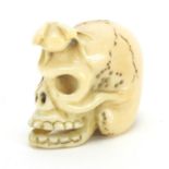 Japanese carved ivory netsuke of a fly and skull, character marks to the base, 2.5cm high : For