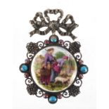 Large silver and enamel floral brooch, the porcelain panel transfer printed with a shepherdess, 8.