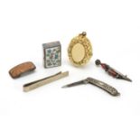 Jewellery including a Victorian carved ivory mourning locket, silver and enamel pill box, Scottish