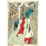 Street scene with figures, ink and watercolour, bearing a signature Feininger, mounted and framed,