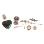 Antique and later jewellery including a Victorian unmarked gold amethyst and seed pearl brooch,