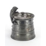 Silver plated cat and rat barrel shaped jar with cover, 12.5cm high : For Extra Condition Reports