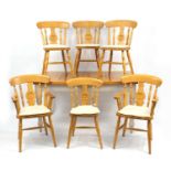 Modern light oak and white painted dining table, with six chairs including two carvers, the table