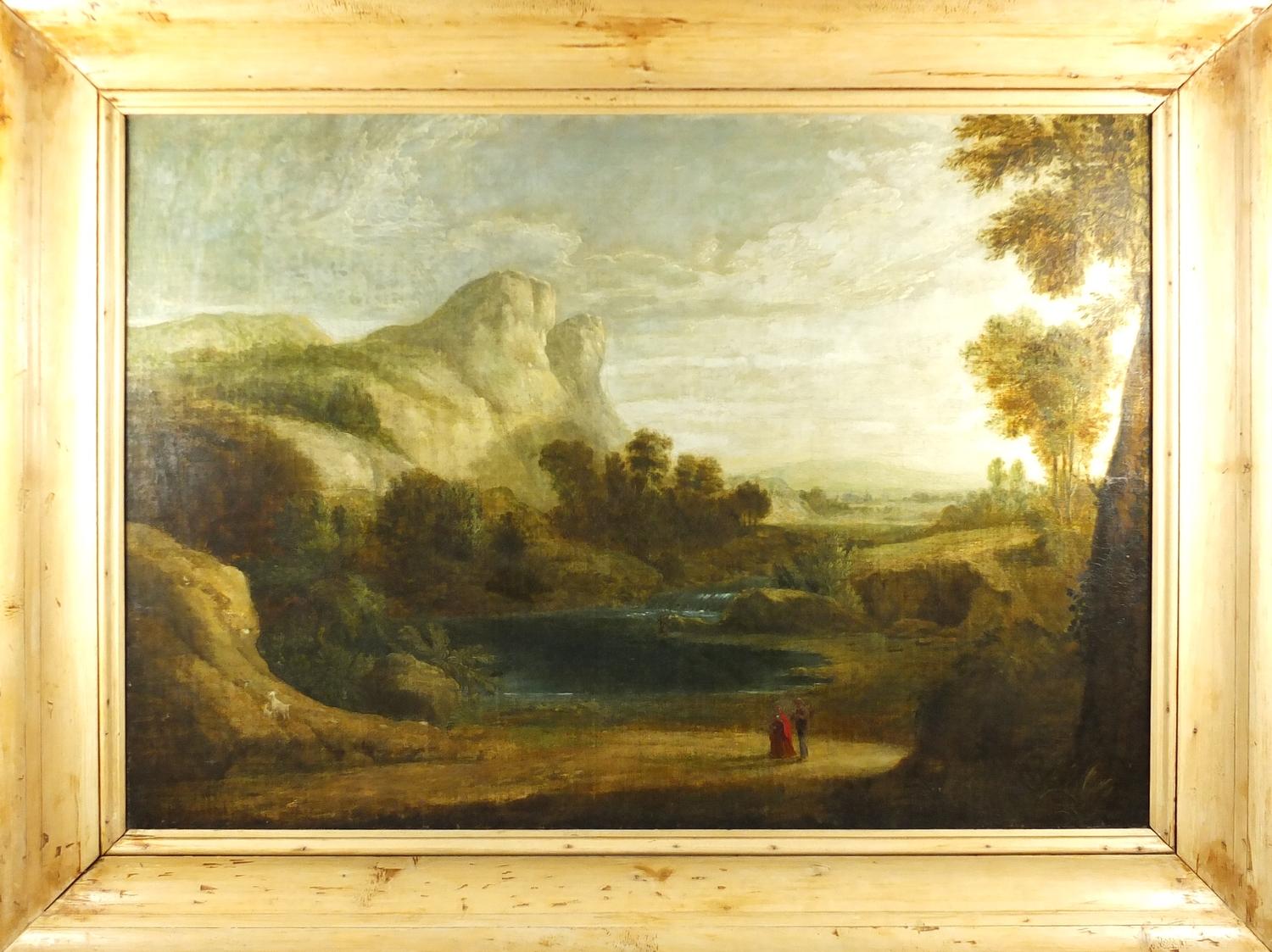 Landscape with figures and goats before water, early 19th century continental school oil on - Image 2 of 3