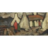Figures and buildings before mountains, Irish school oil on board, bearing a signature Markey and