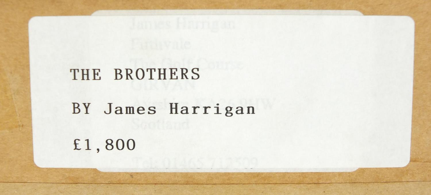 James Harrigan - The Brothers, oil on board, label verso, mounted and framed, 59cm x 49cm : For - Image 5 of 5
