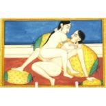 Indian Mughal style panel hand painted with an erotic scene, 15cm x 10cm : For Extra Condition