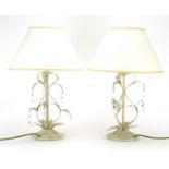 Pair of Laura Ashley Home naturalistic table lamps with glass drops and cream shades, each 44cm high