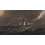 Attributed to Thomas Whitcombe - Rigged ships on stormy seas, oil on wood panel, inscribed label